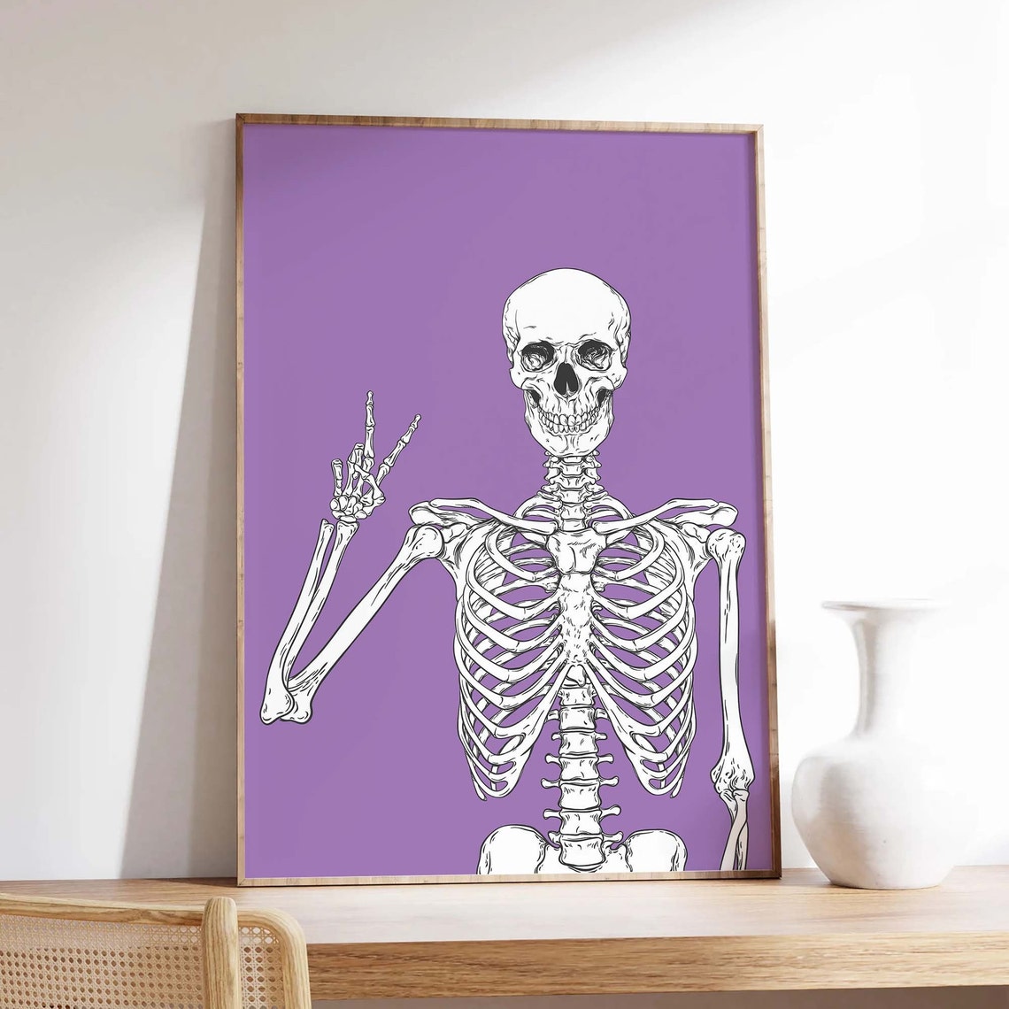 Peace Sign Skeleton Purple Halloween Funny Bones Party Art Poster - Image 4