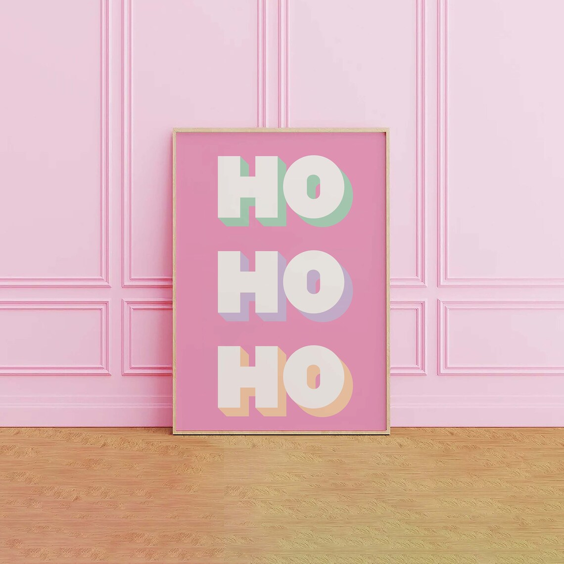 Ho Ho Ho 3D Block Letters Pink Santa Retro Christmas Quote Poster - Image 2