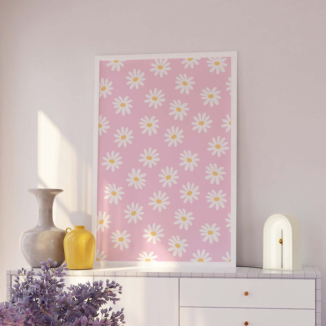 Pink Daisy Pattern White Flowers Girly Spring Floral Wall Poster - Image 2