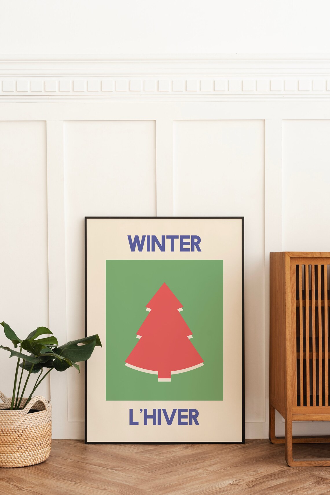 Winter L Hiver Red Tree Green Square Bilingual French Holiday Poster - Image 3