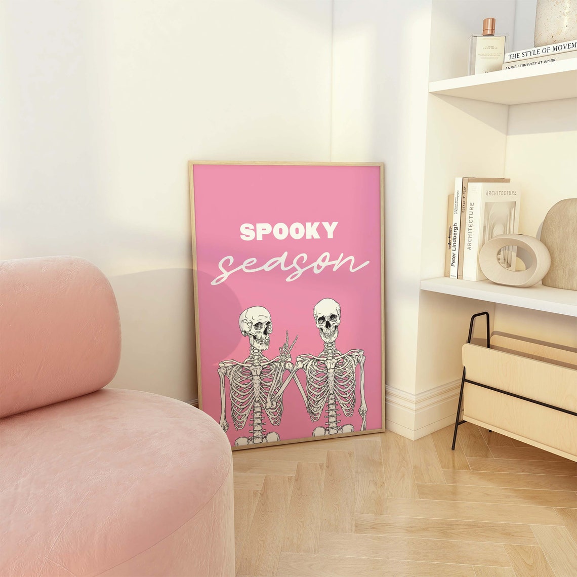 Spooky Season Skeleton Print Art Cute Pink Halloween Wall Decor Trendy Halloween Wall Art - Image 6