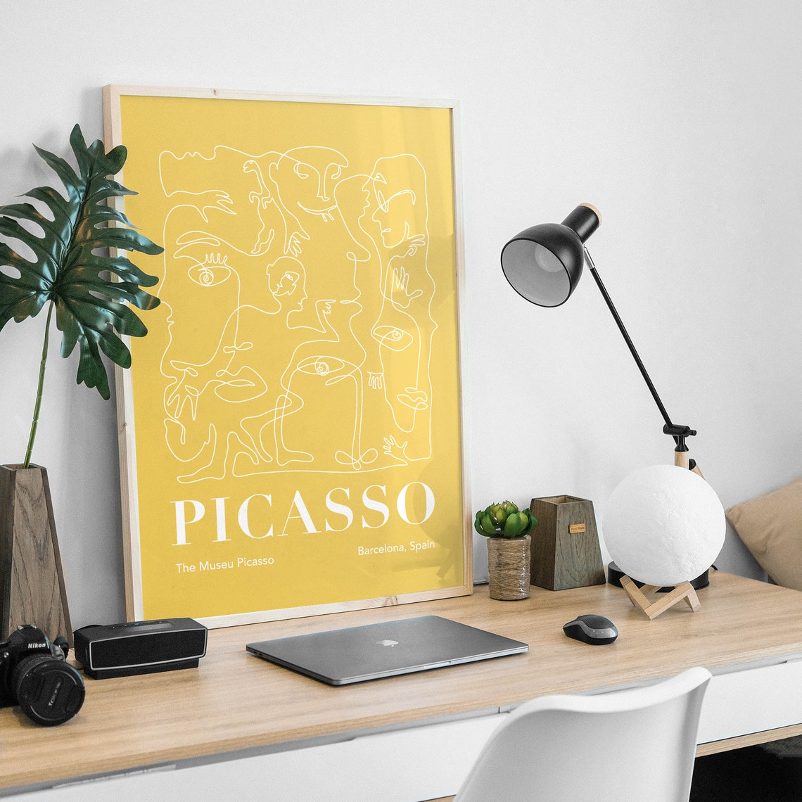 Picasso Abstract Line Art Faces Mustard Yellow Exhibition Poster - Image 2