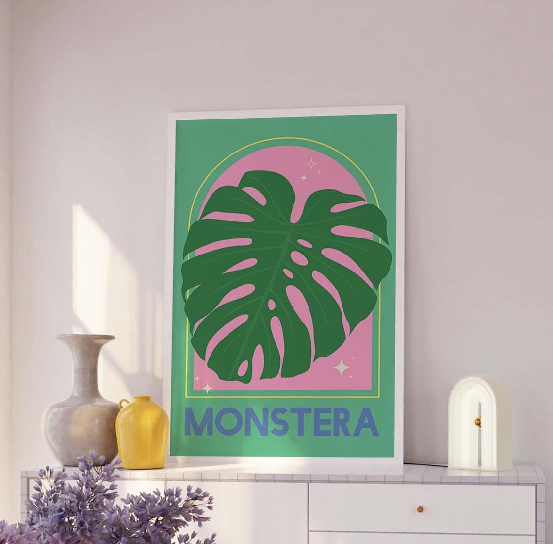 Monstera Leaf Botanical Green Pink Bold Modern Illustration Poster - Image 4