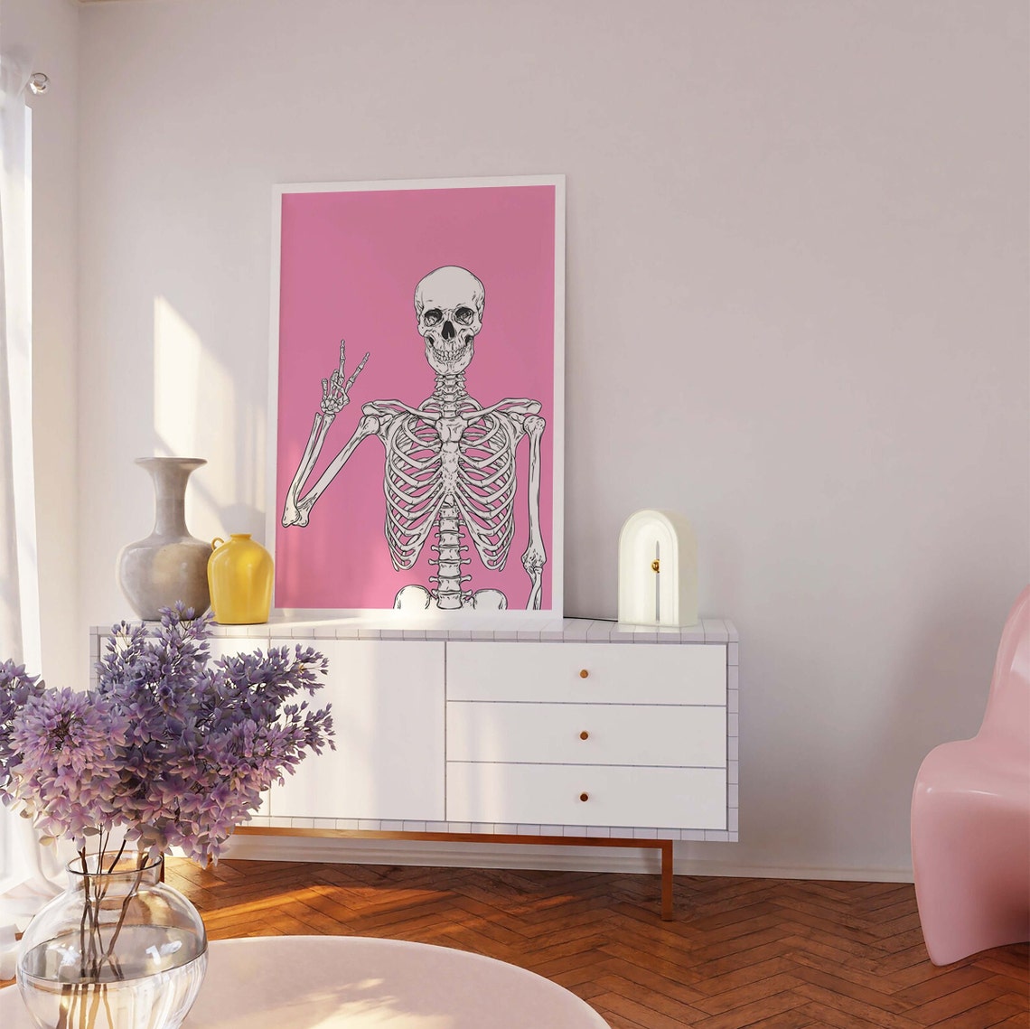 Skeleton Print Art Cute Pink Halloween Wall Decor Trendy Halloween Wall Art Spooky Season Poster - Image 5
