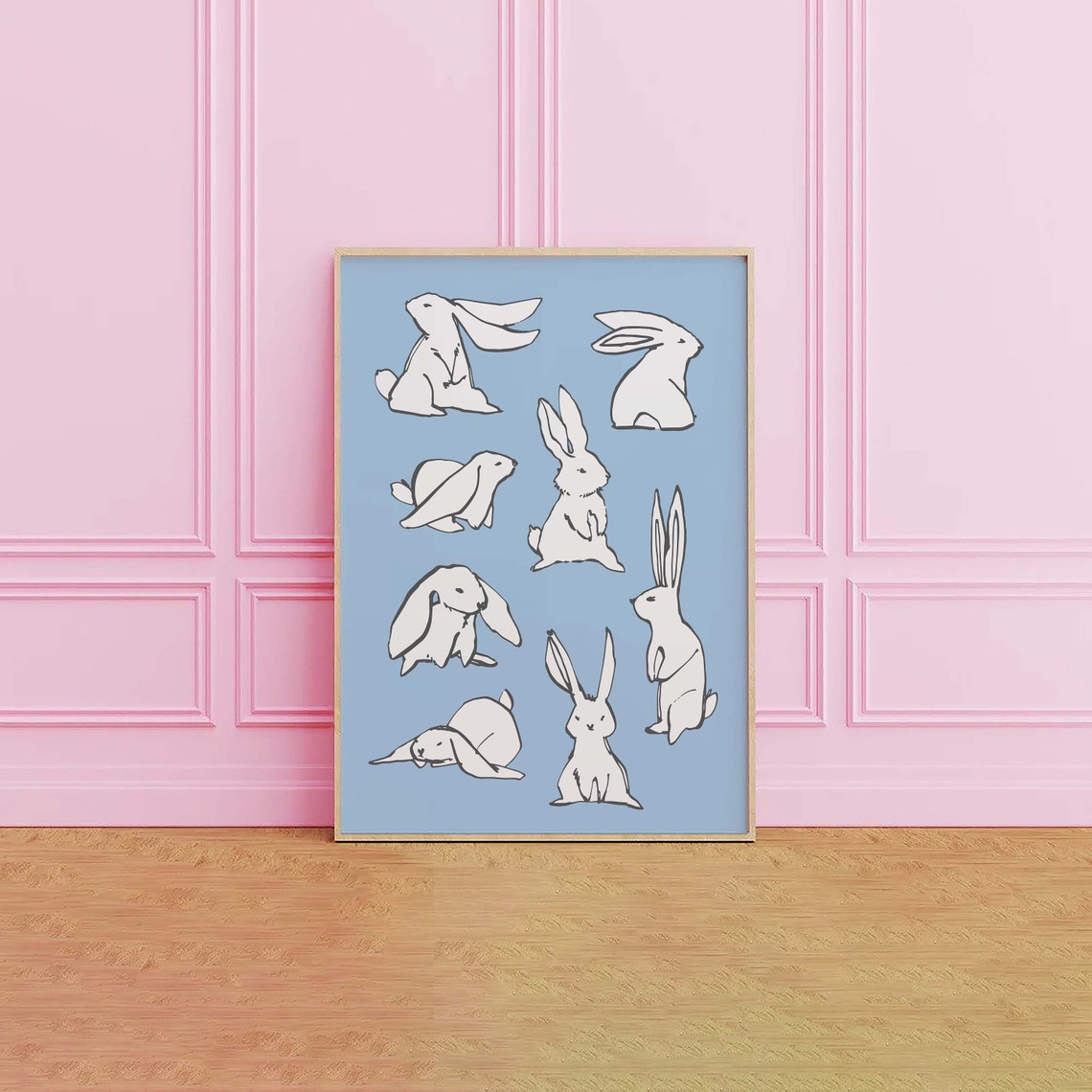 Bunny Sketches Blue Background Minimal Ink Rabbit Art Poster - Image 4
