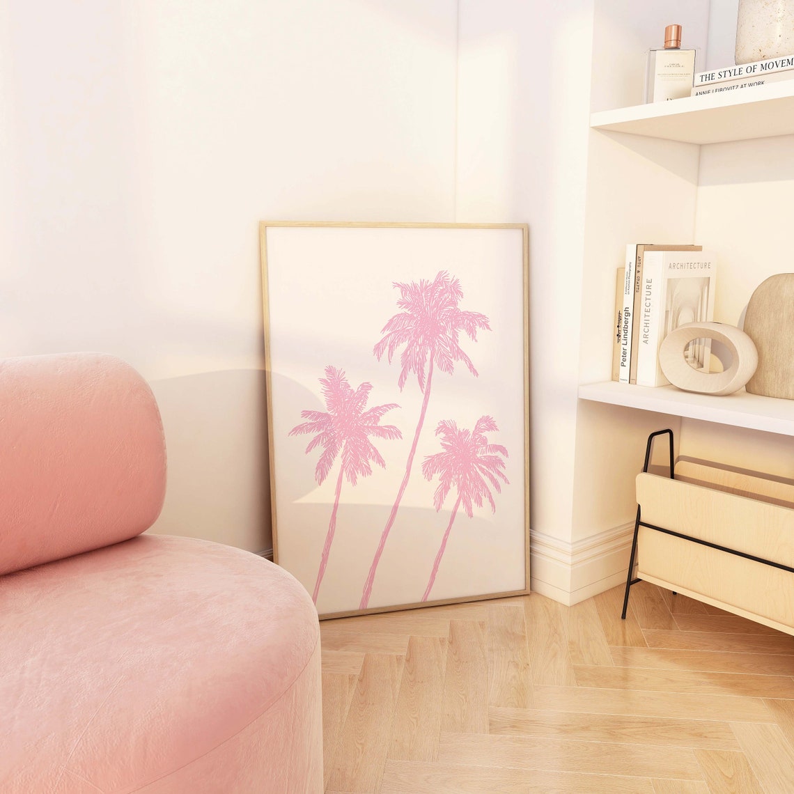 Pink Palm Trees Sketch Cream Minimal Tropical Summer Beach Poster - Image 2