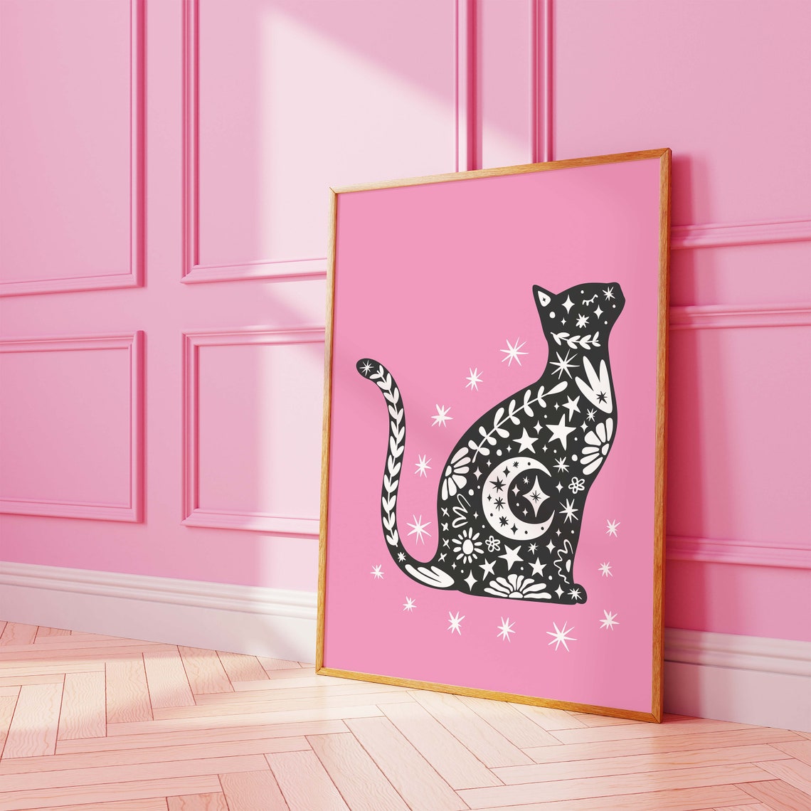 Black Celestial Cat Pink Background Halloween Spooky Cute Poster - Image 6