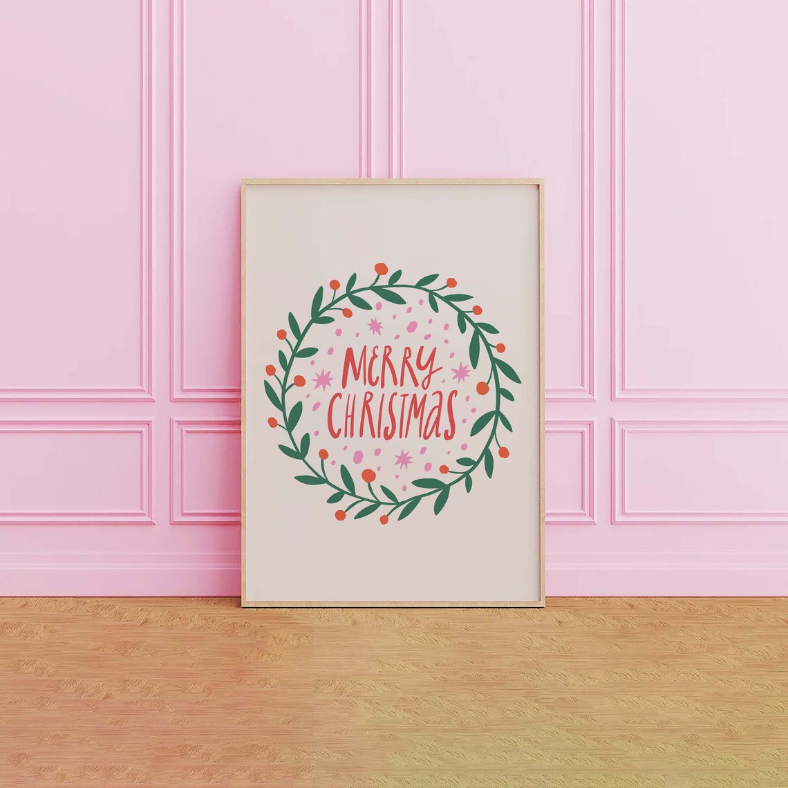 Merry Christmas Print Art Cute Christmas Decor Boho Holiday Wall Art Christmas Wreath Print - Image 2