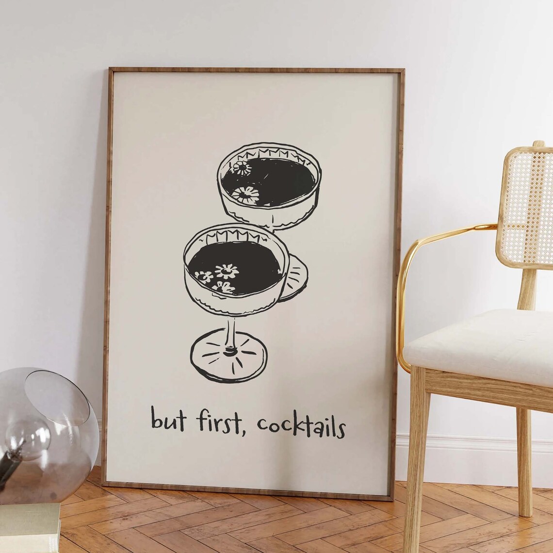 But First Cocktails Handwritten Coupe Glass Sketch Bar Cart Poster - Image 2
