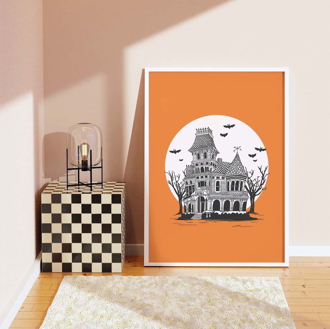 Haunted House Under Full Moon Bats Vintage Orange Halloween Poster - Image 7