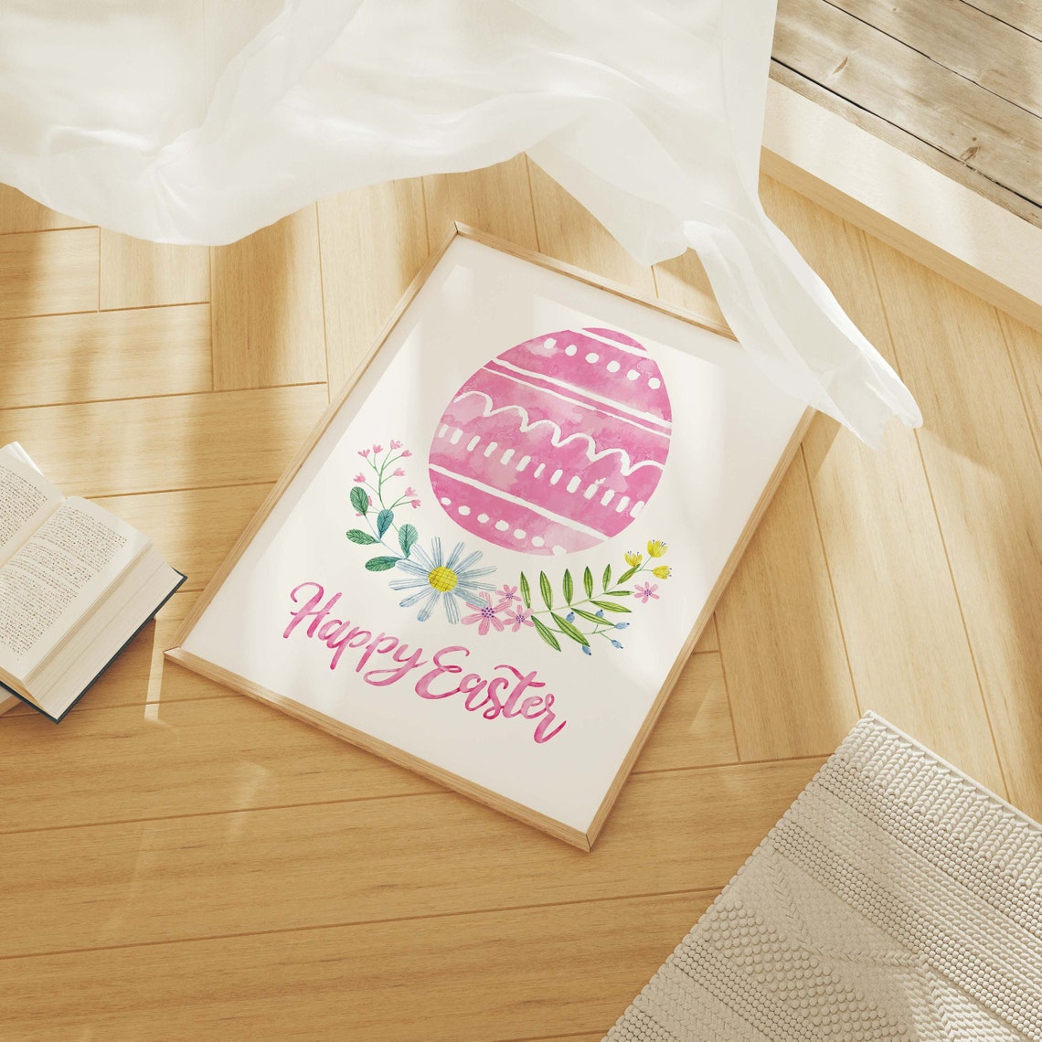 Happy Easter Pink Watercolor Egg Floral Spring Holiday Art Poster - Image 3