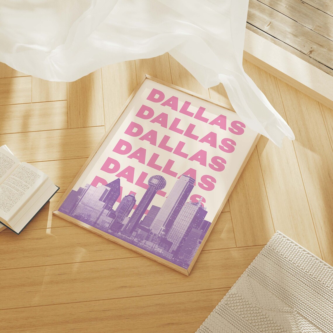 Dallas Texas Purple Skyline Pink Lettering Art Poster for Wall Decor - Image 3