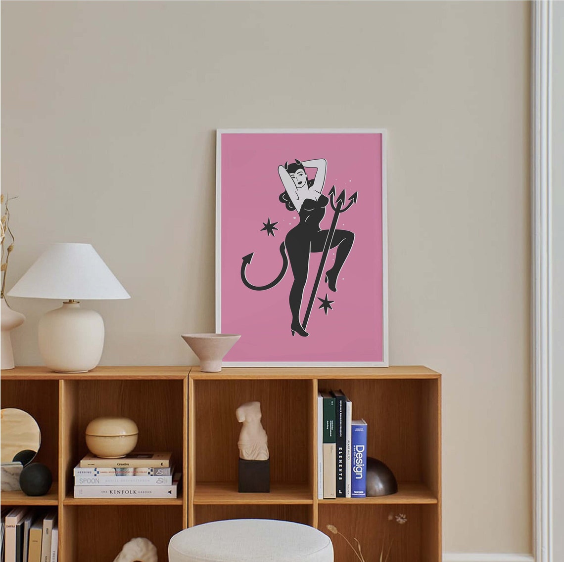 Devil Pinup Print Art Cute Pink Halloween Wall Decor Trendy Halloween Wall Art Spooky Season Poster - Image 3