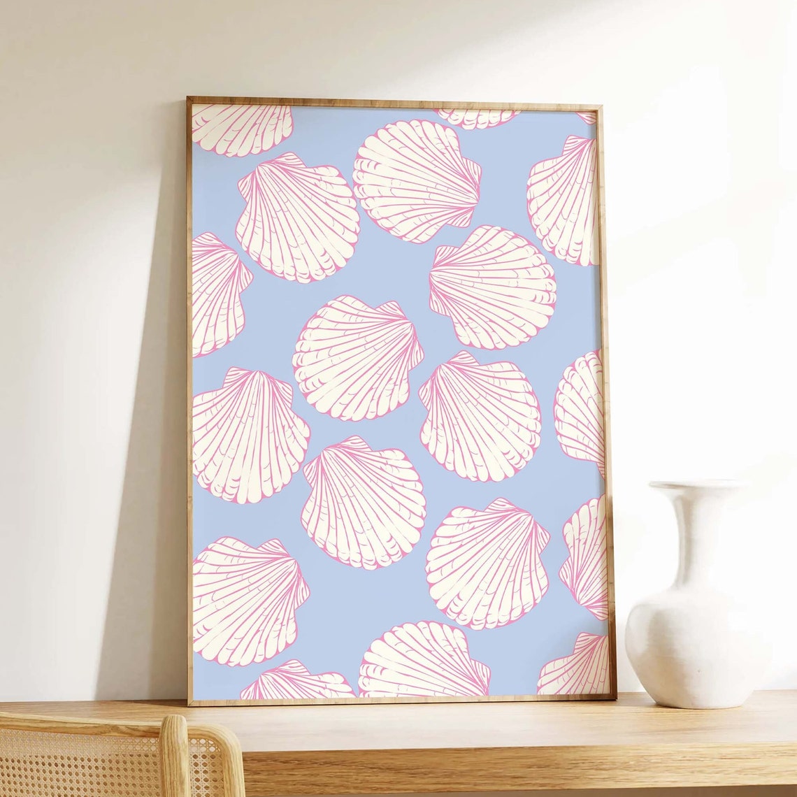 Scallop Shell Pattern Cream Pink Line Blue Coastal Girly Poster - Image 2