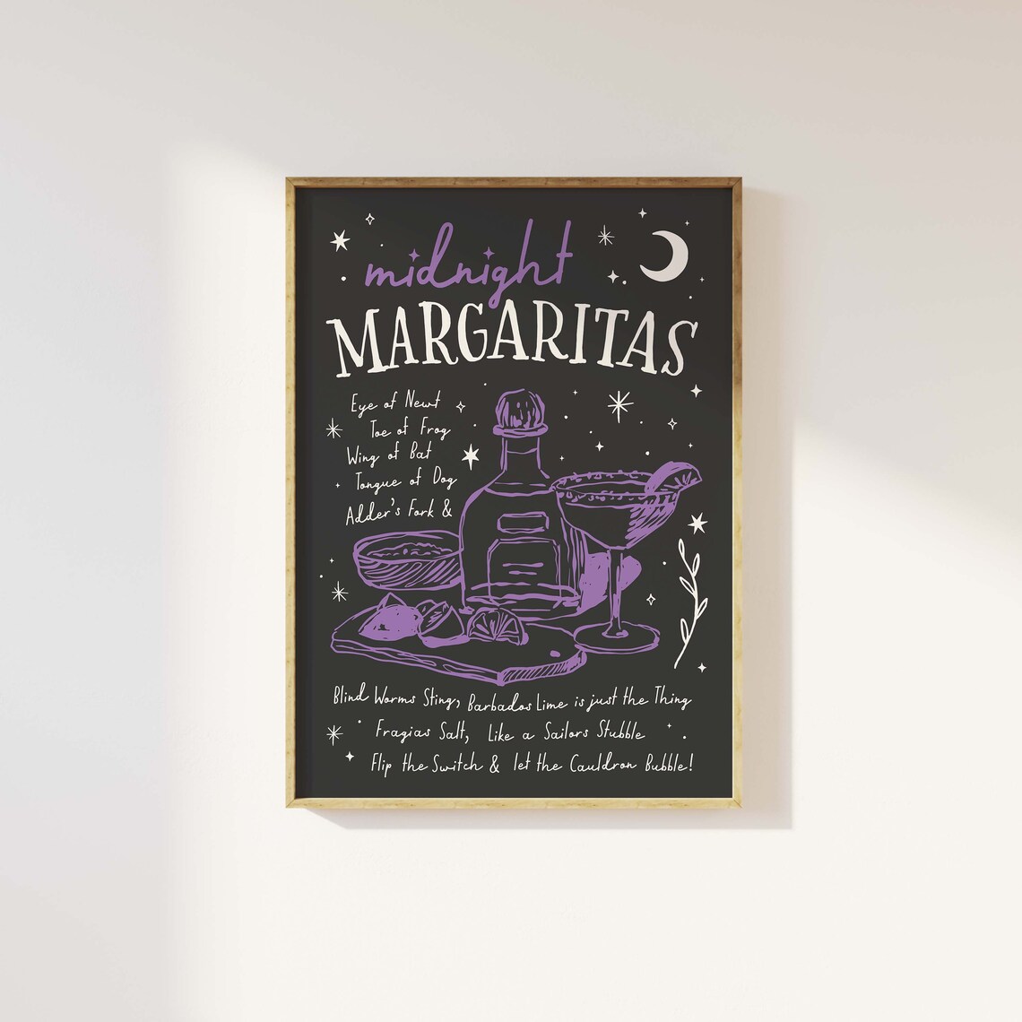 Midnight Margaritas Witchy Cocktail Recipe Art Poster for Bar Cart