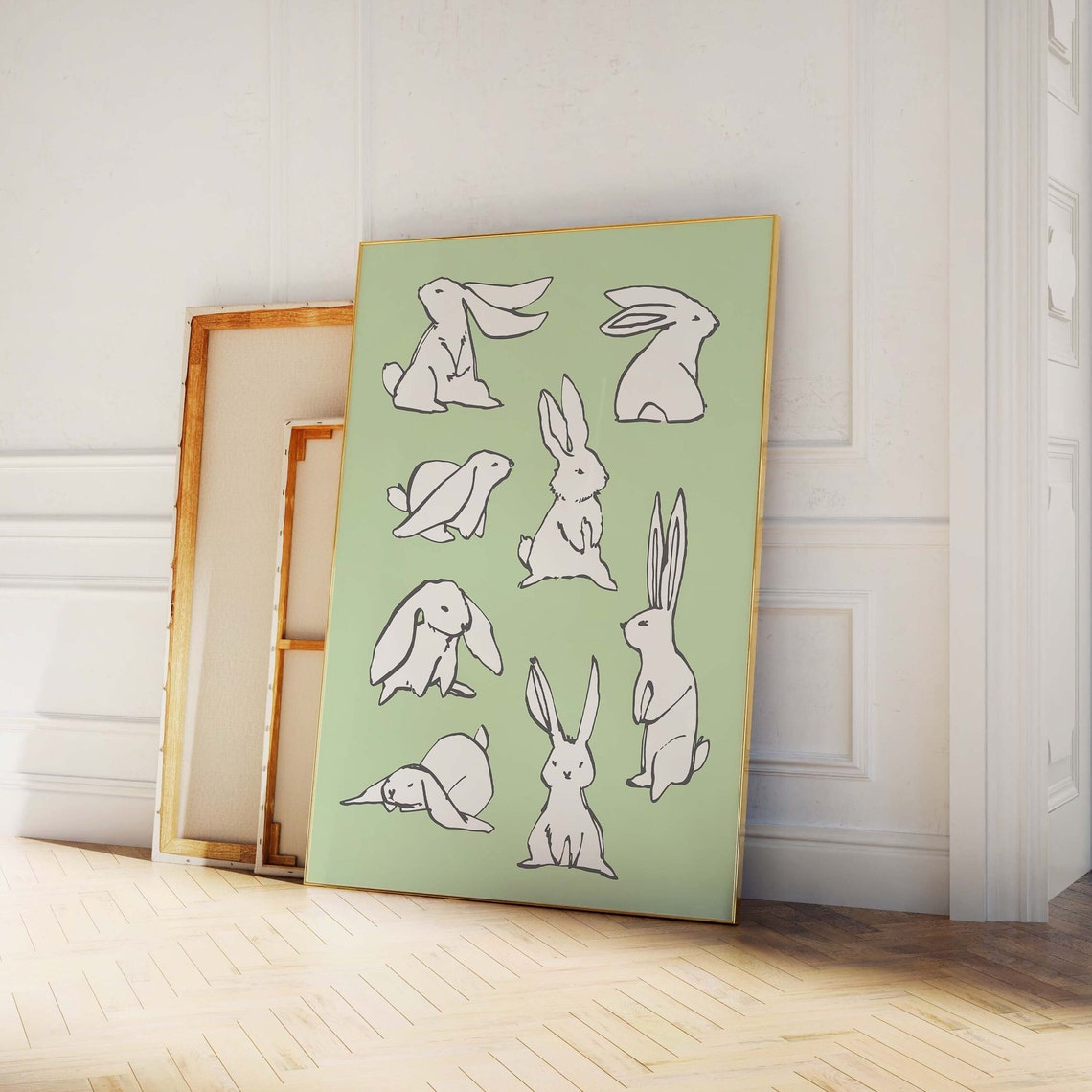 Bunnies Sketch Print Art Cute Rabbit Art Print Green Wall Art Trendy Easter Decor Nursery Decor - Image 2