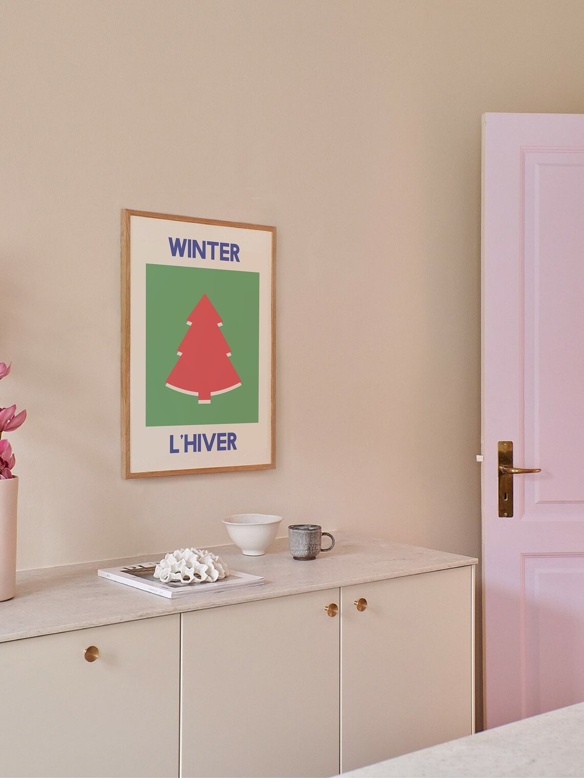 Winter L Hiver Red Tree Green Square Bilingual French Holiday Poster - Image 4