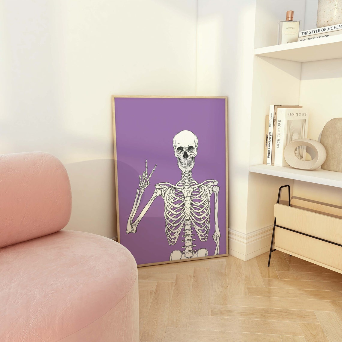 Peace Sign Skeleton Purple Halloween Funny Bones Party Art Poster - Image 3