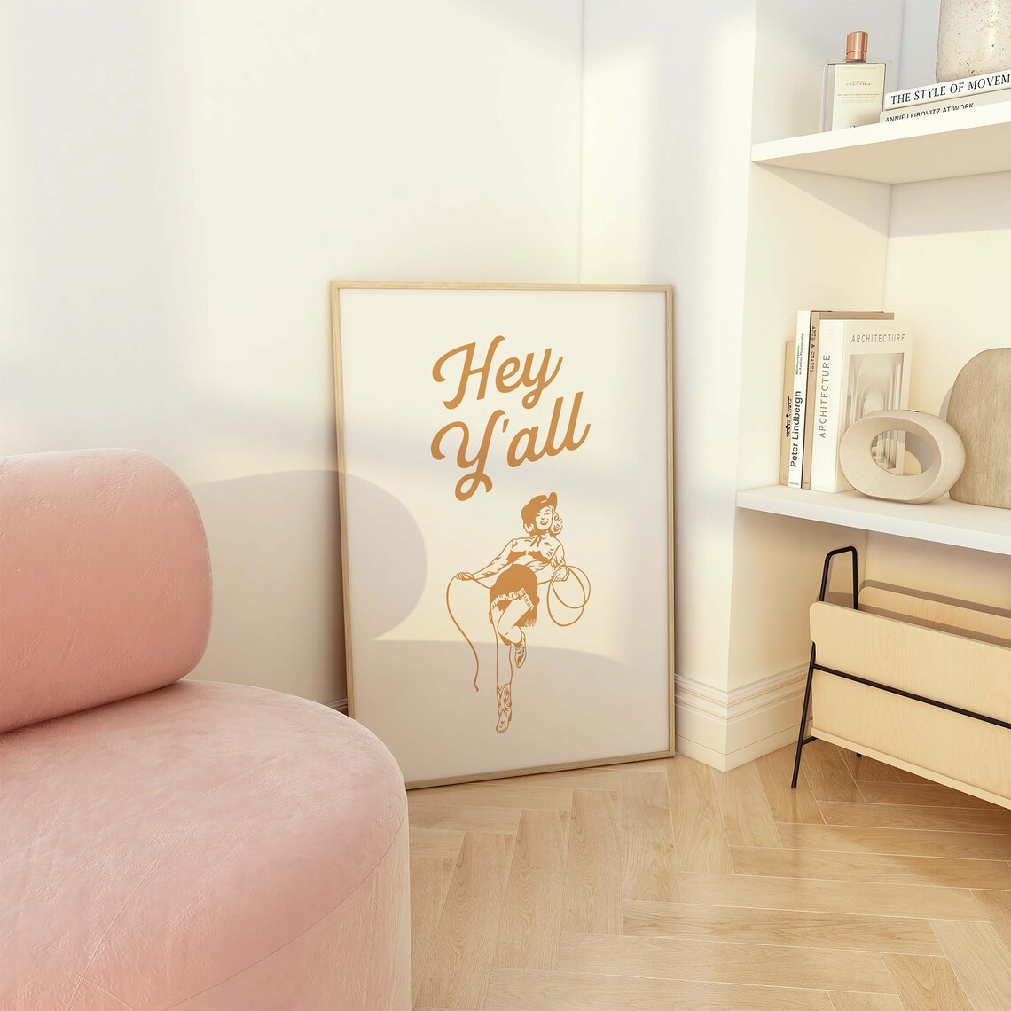 Hey Yall Tan Pinup Cowgirl Lasso Retro Western Script Art Poster - Image 2