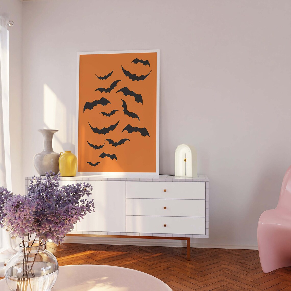 Flying Bat Silhouettes Minimal Black on Orange Halloween Poster - Image 5