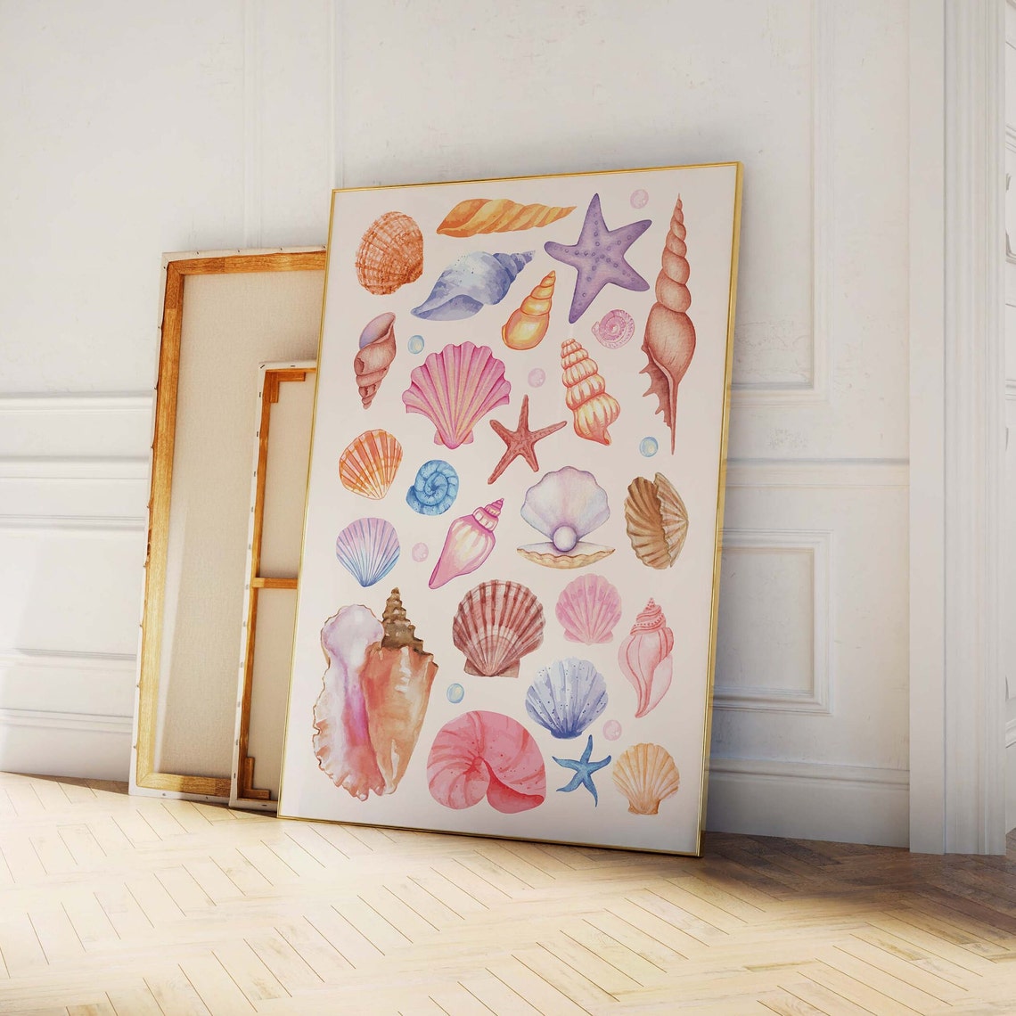 Watercolor Seashell Starfish Collage Art Poster for Beach Decor