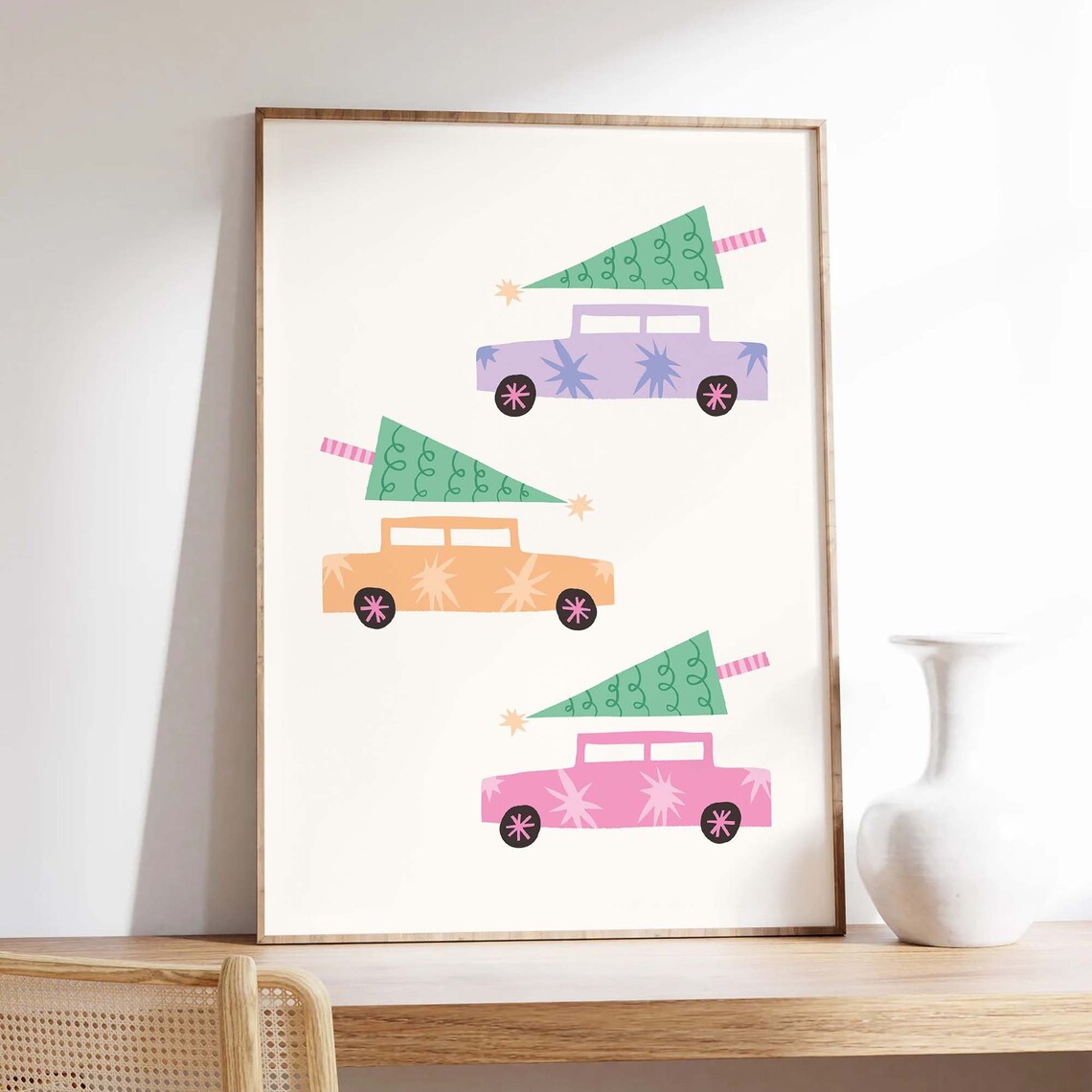 Pastel Cars Carrying Christmas Trees Retro Holiday Drive Poster - Image 3