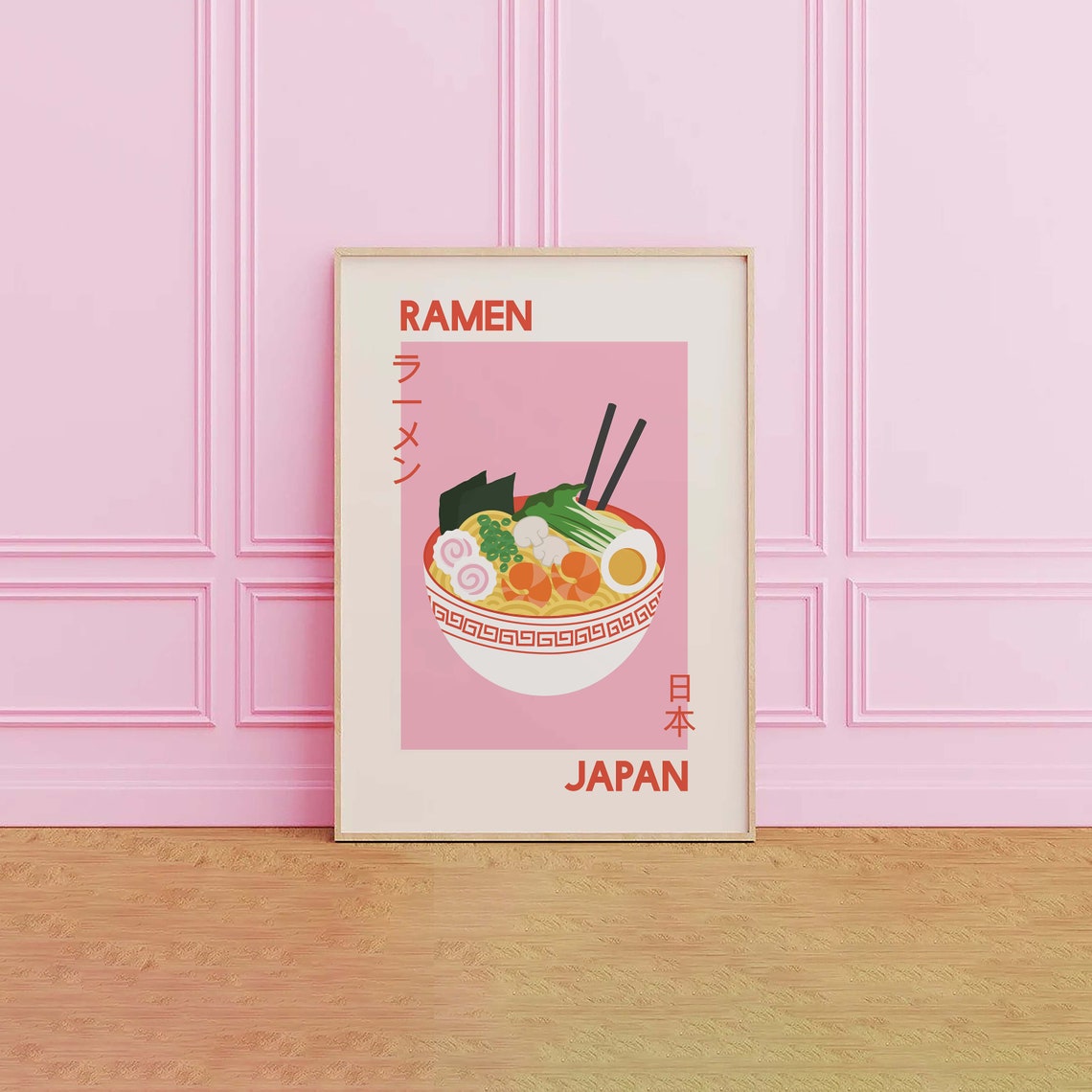 Japanese Ramen Bowl Poster with Pink Kitchen Art and Chopsticks - Image 3