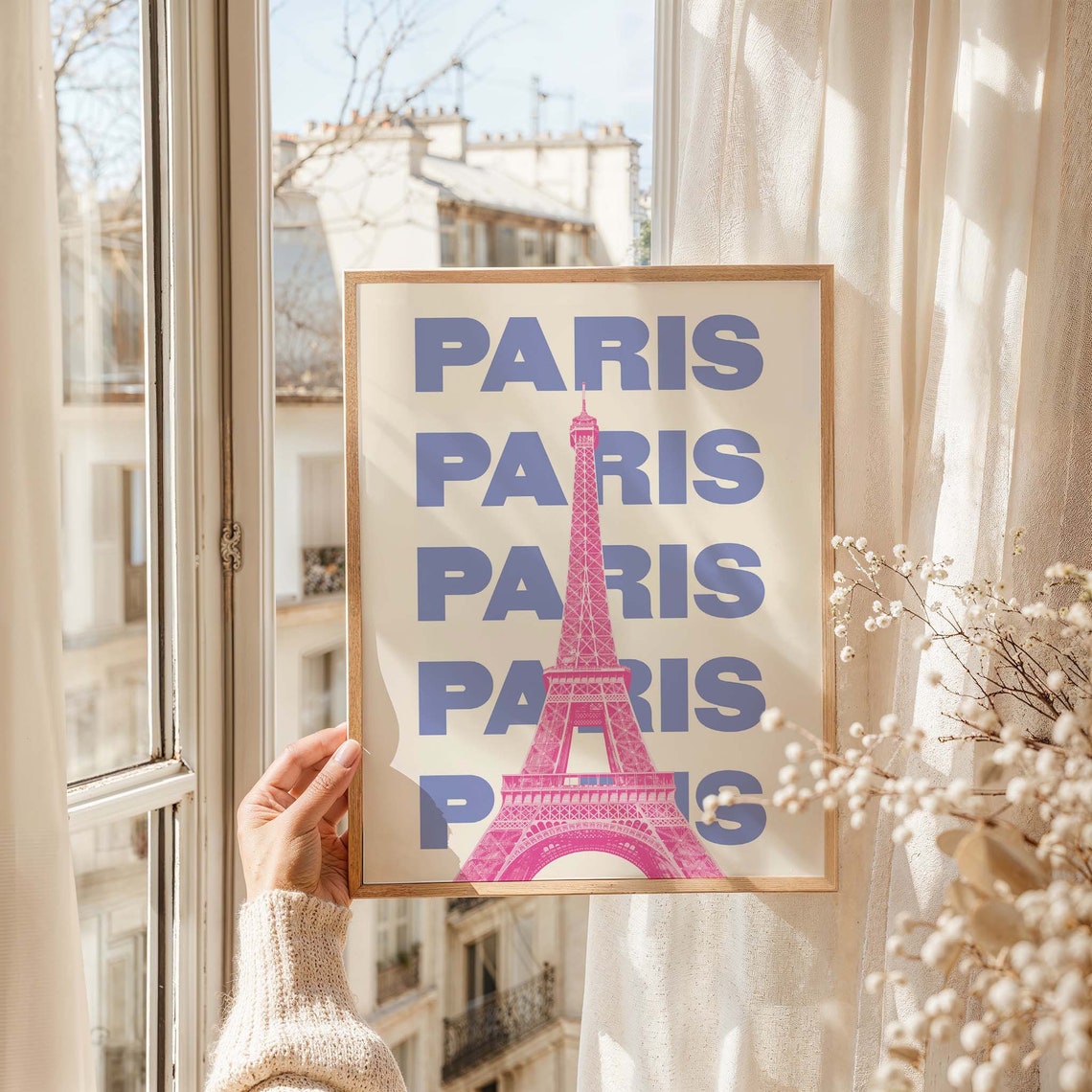 Paris Eiffel Tower Poster with Pink Tower and Bold Blue Typography - Image 4