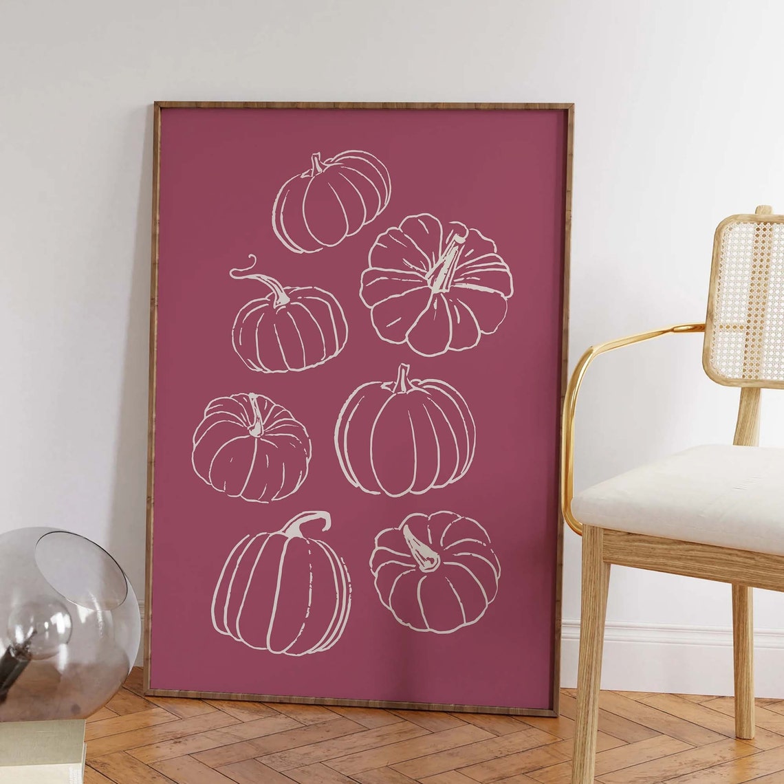 Pumpkins White Line Art Mauve Sketch Rustic Fall Wall Decor Poster - Image 2