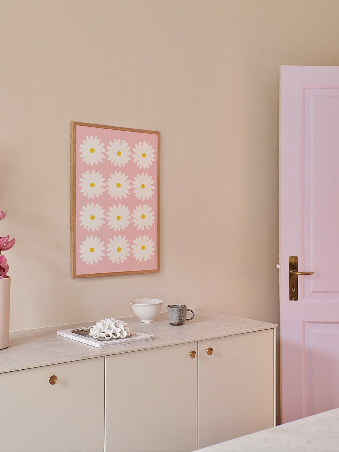 Pink Daisy Grid Poster with Twelve White Retro Flower Heads Art - Image 6