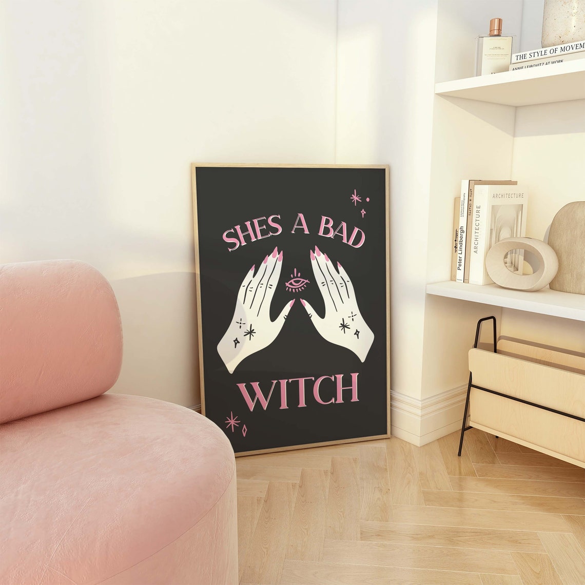 Shes A Bad Witch Hands Evil Eye Pink on Black Gothic Wall Art - Image 4