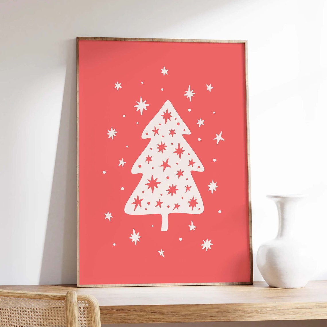 White Christmas Tree Coral Red Cute Starry Retro Holiday Poster - Image 3