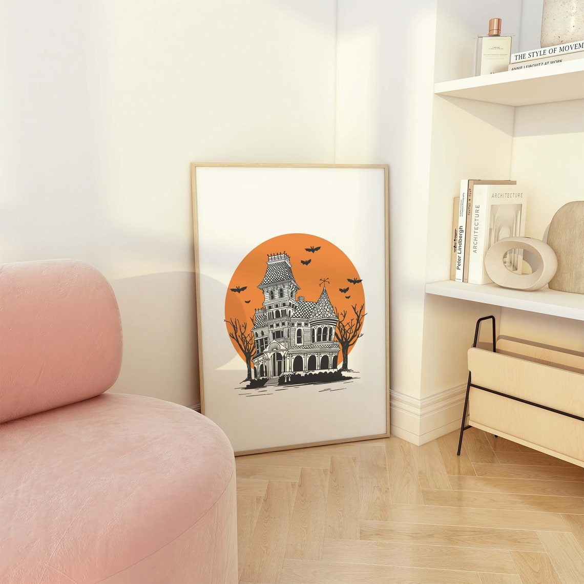 Victorian Haunted House Orange Moon Bats Halloween Decor Poster - Image 2
