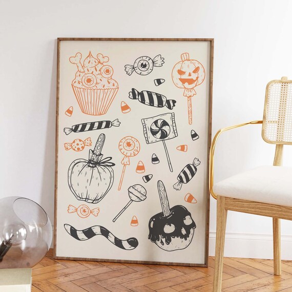 Halloween Treats Line Art Spooky Candy Art Poster for Fall Decor