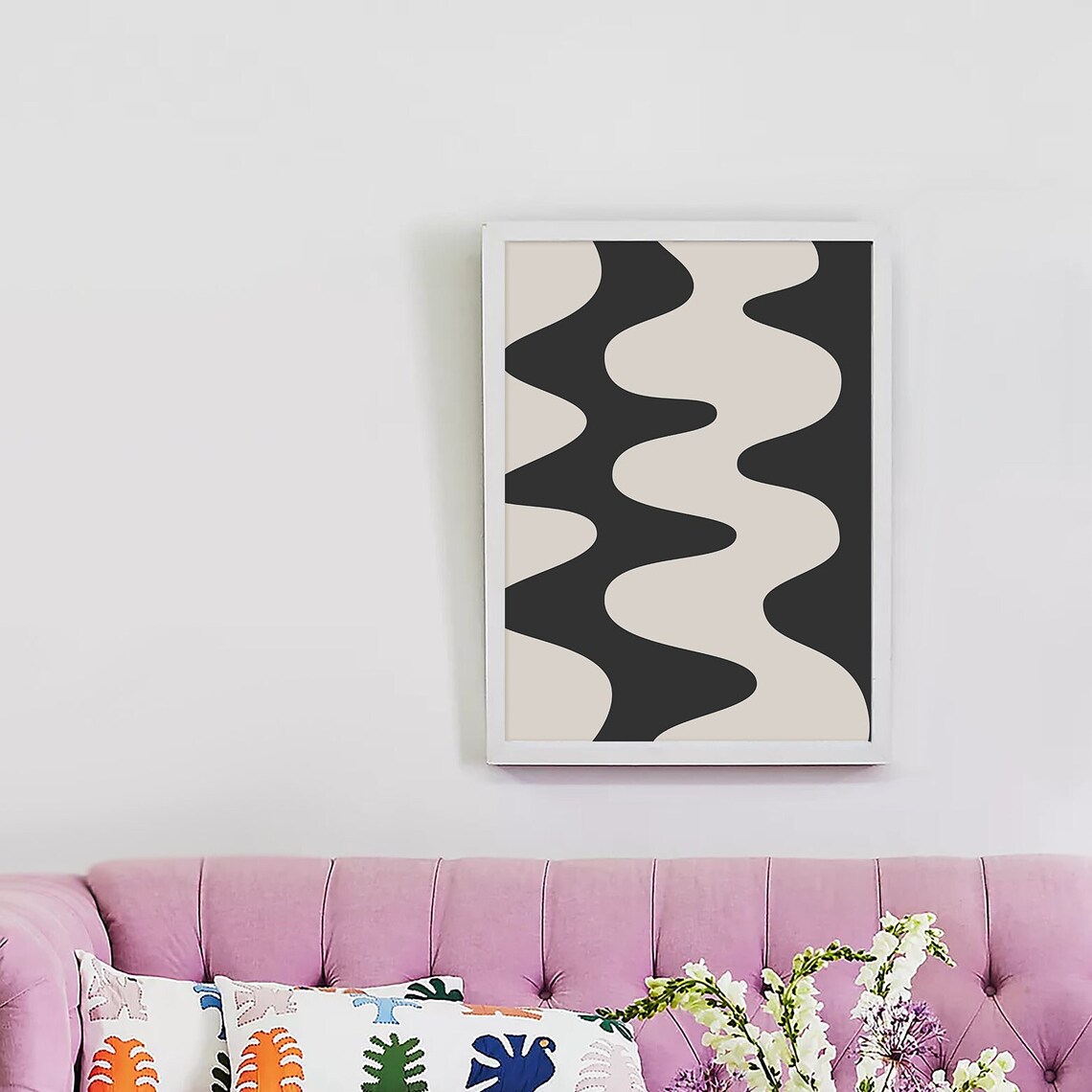 Black Cream Bold Groovy Wavy Lines Minimalist Abstract Art Poster - Image 3