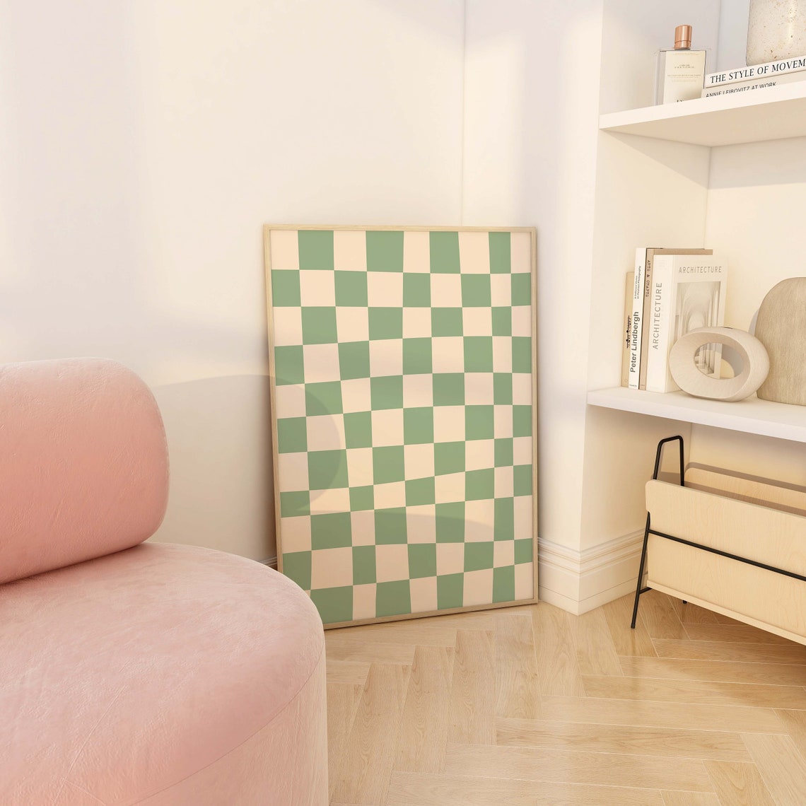 Green And White Abstract Print Art Trendy Checkered Print 70s Retro Art Cute Trendy Wall Art - Image 2