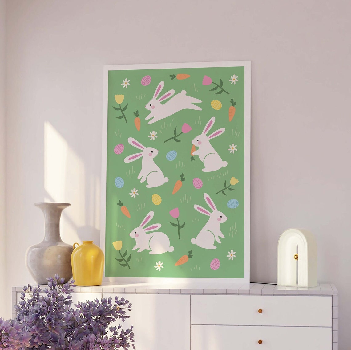 Easter Bunnies Pattern Green Carrots Tulips Cute Nursery Art Poster - Image 2