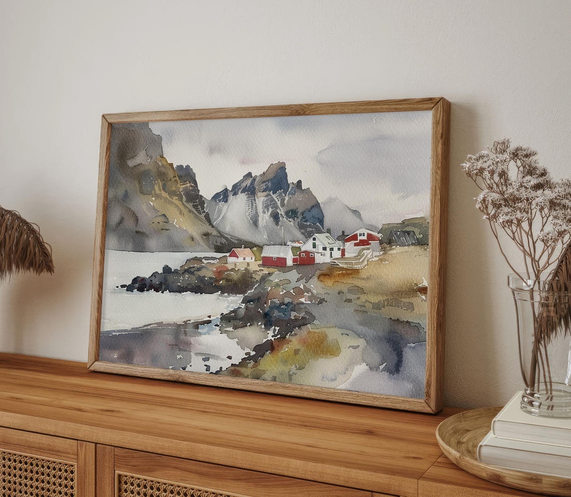 Iceland Painting South Shore Watercolor Art Print Town Of Vik Painting Wall Art Landscape Print Mountain Art Travel Poster Coastline Art - Image 5
