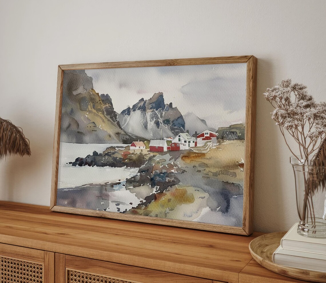 Nordic Fishing Village of Red Cabins Under Rugged Peaks Poster - Image 5