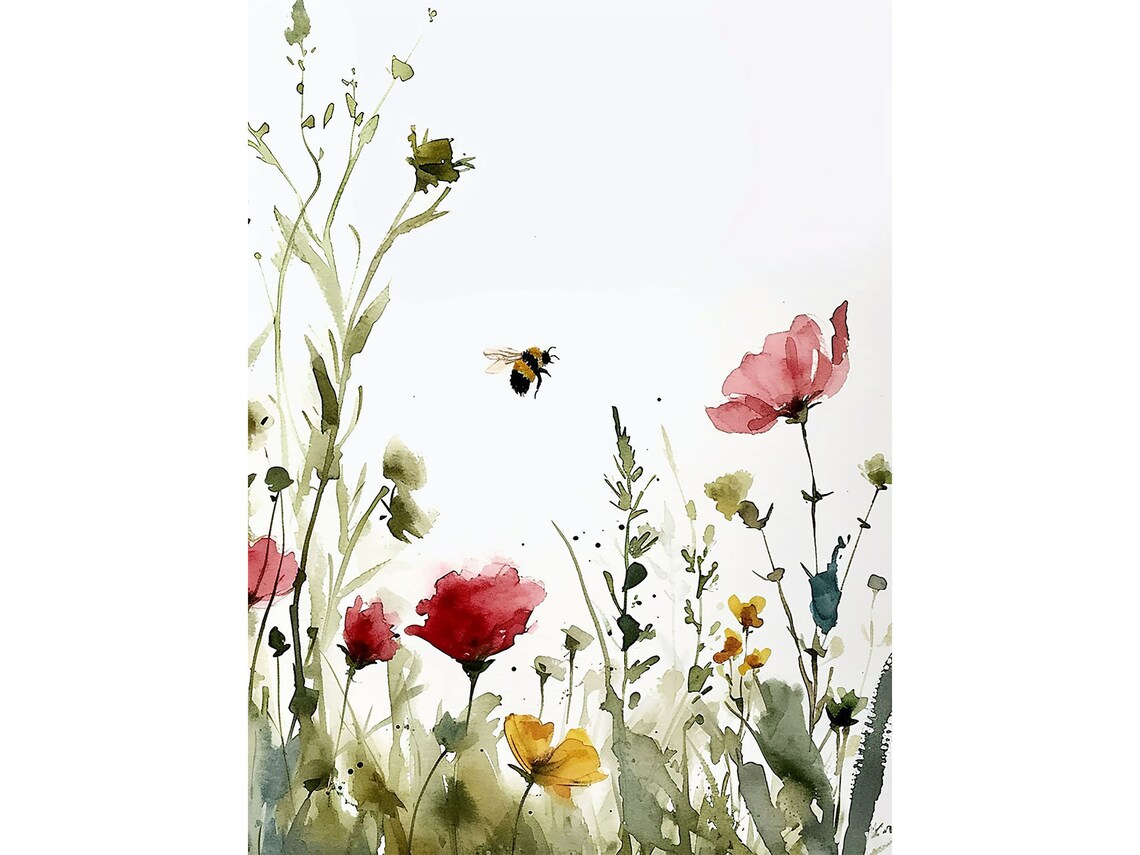 Meadow Bee Watercolor Art Print, Abstract Landscape