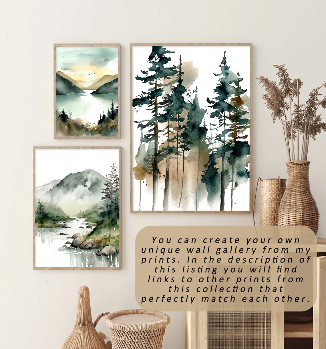 Pine Trees Watercolor Art Print, Misty Forest Landscape - Image 2