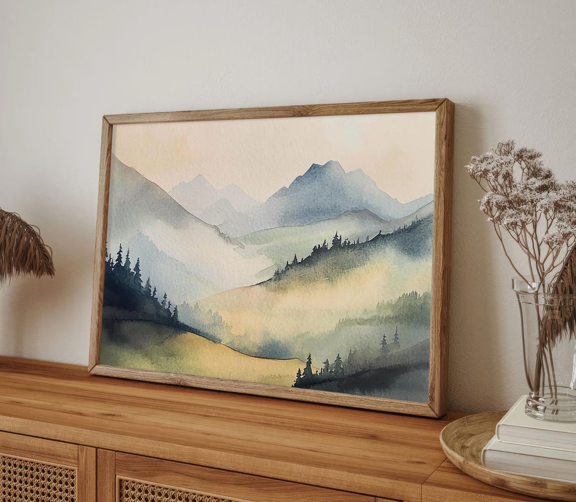 Tranquil Layered Blue Mountain Ridges in Soft Mist Watercolor Poster - Image 5