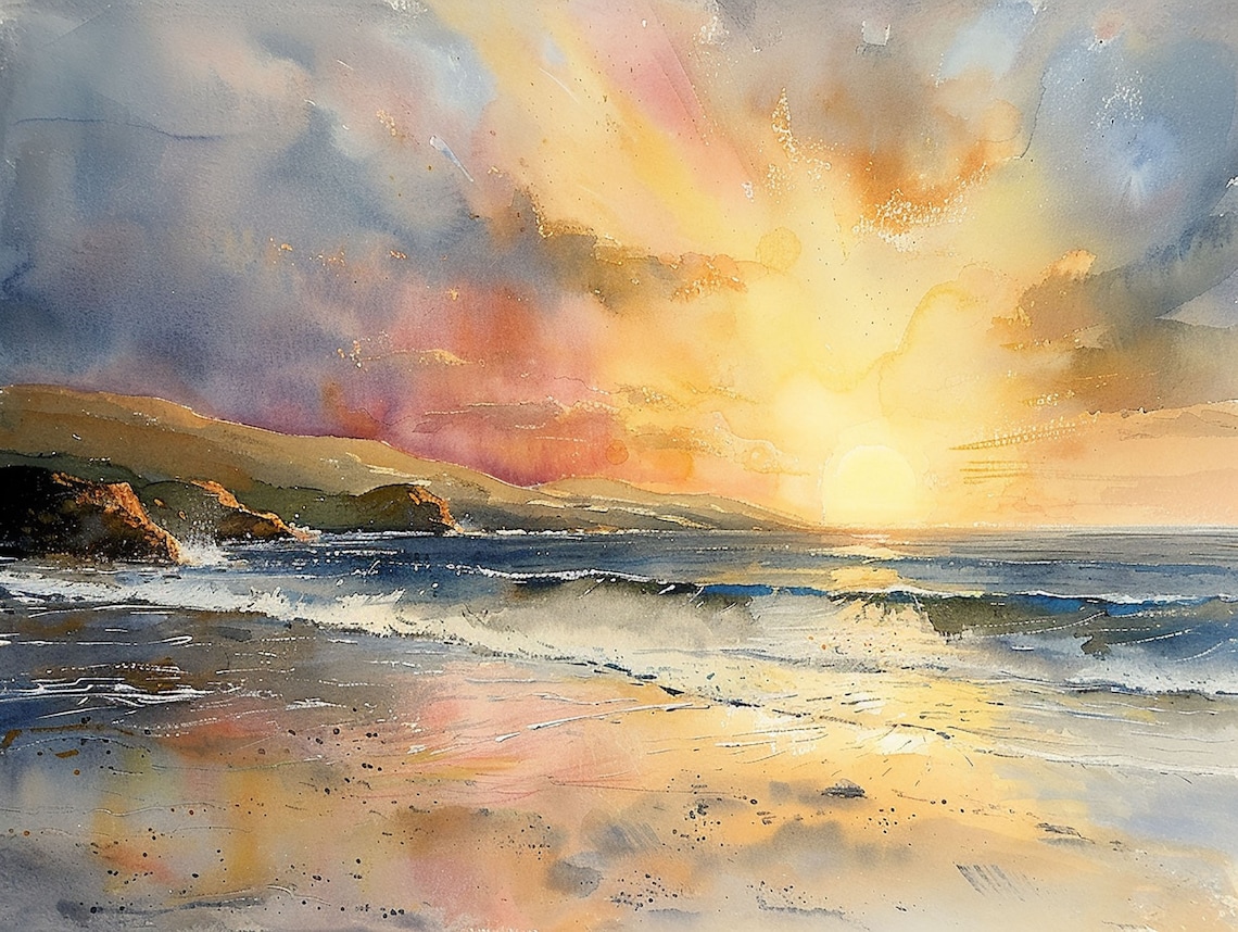 Sunset On Beach Watercolor Art Print, Seascape