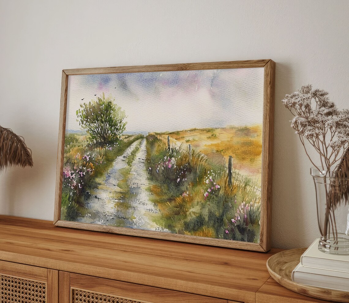Country Dirt Path Through Wildflower Meadow Watercolor Poster - Image 5