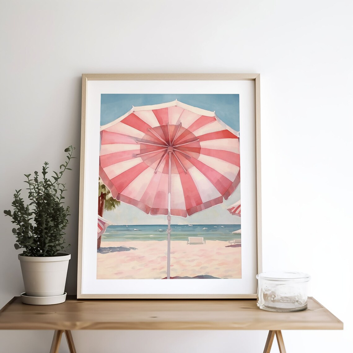 Beach Umbrella Painting, Retro Pink Watercolor Art - Image 3
