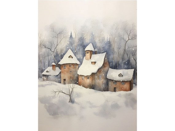 Snowy Village Painting Winter Farm Landscape Art Print