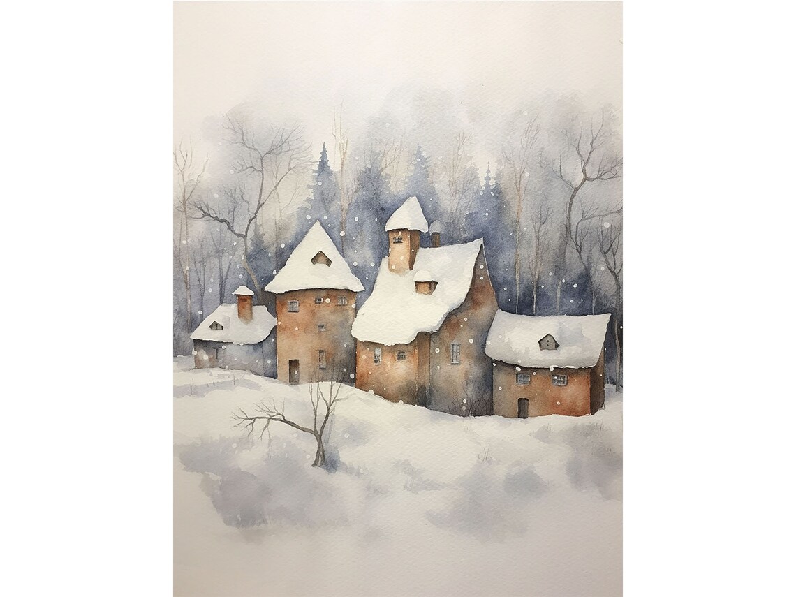 Snowy Village Painting Winter Farm Landscape Art Print