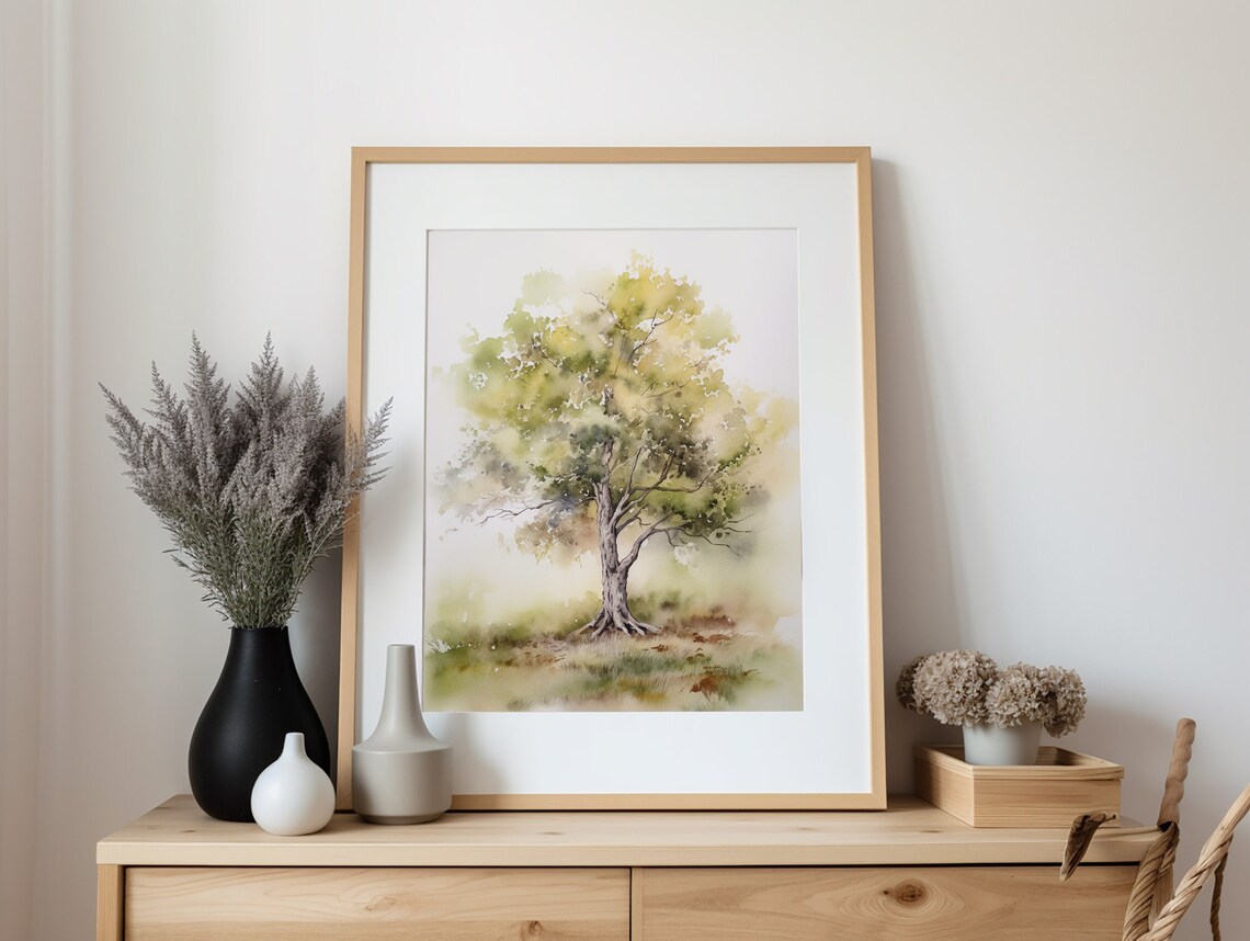 Oak Tree Watercolor Art Print, Neutral Summer Tree - Image 2