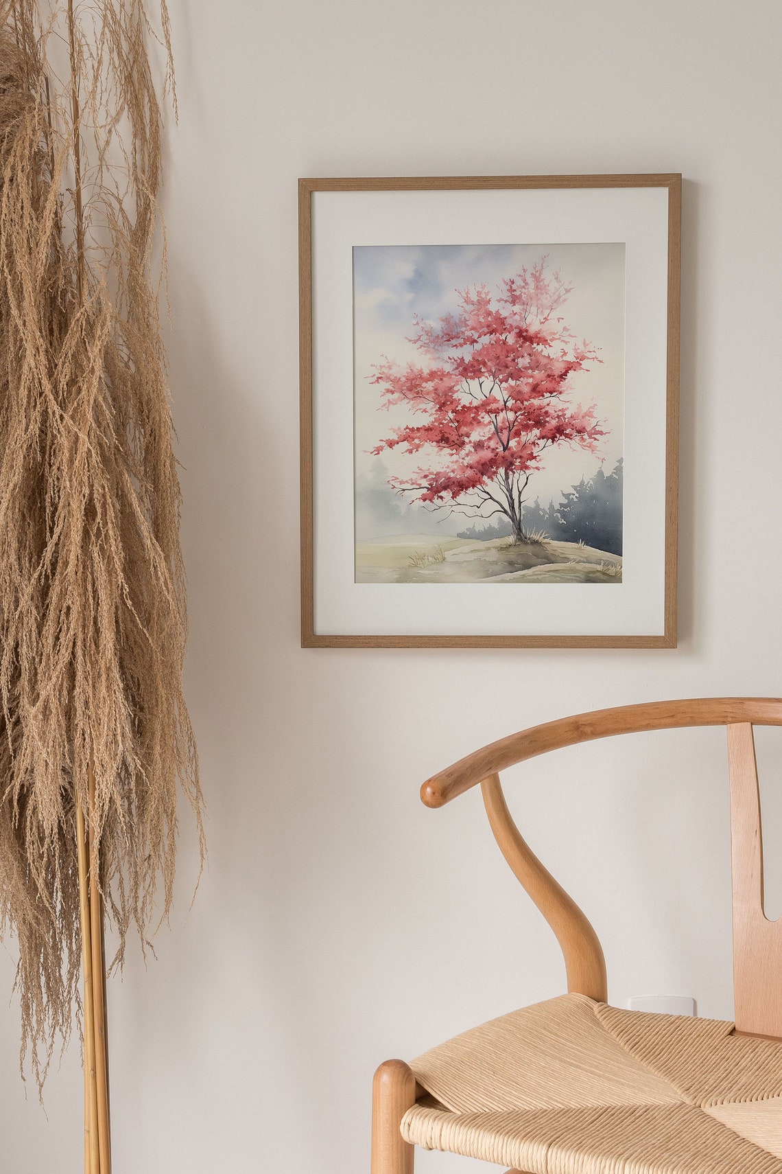 Pink Blossom Tree Lone Hill Misty Bloom Watercolor Spring Poster - Image 5