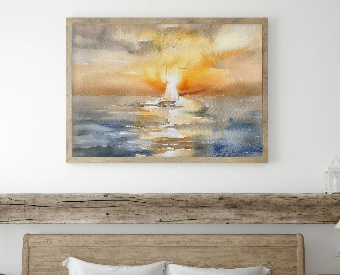 Lone Sailboat Sailing into a Golden Ocean Sunset Watercolor Poster - Image 2